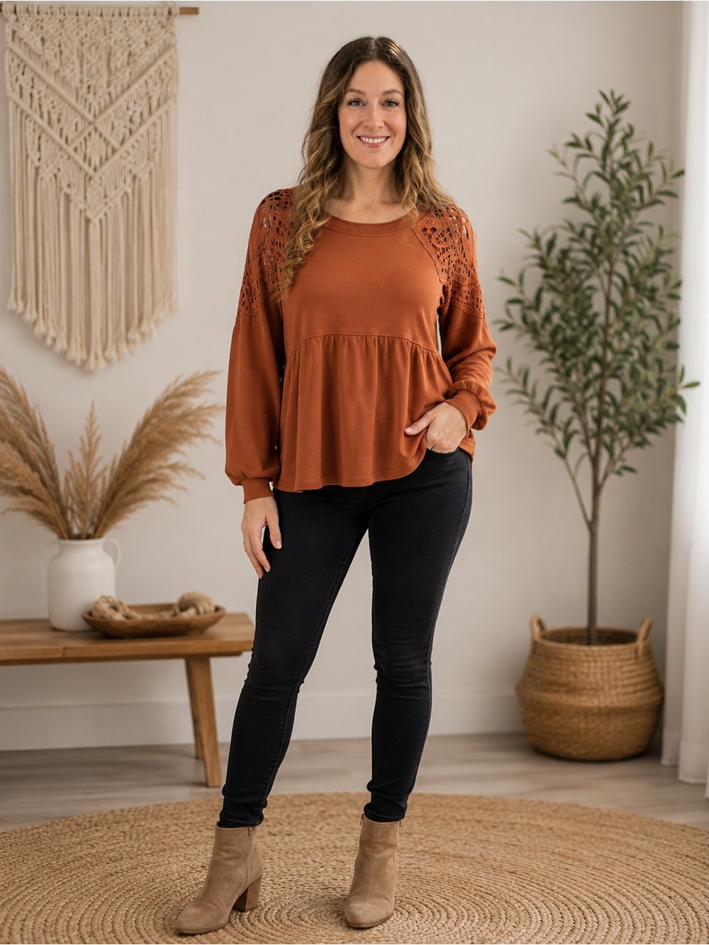 Altar'd State Rust Crochet Shoulder Peplum Top Size XL
